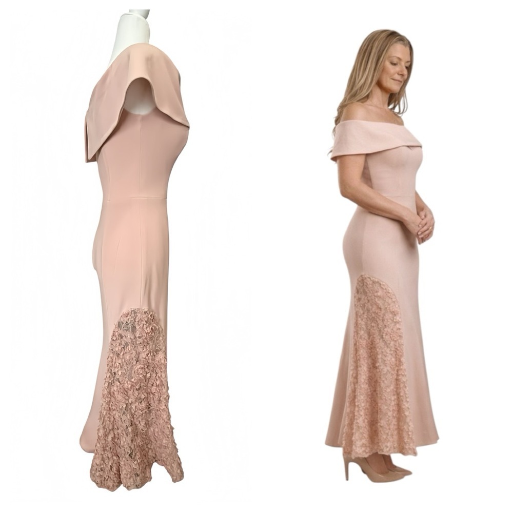 Betsy & Adam Bardot Off Shoulder Mermaid Gown 4 Blush Pink Lace Formal Dress - Picture 3 of 14